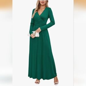 Ouges Rich Green Maxi Dress M – V-Neck, Waistband, Excellent Condition